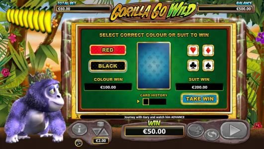 Gamble feature is available after each winning spin. Select color or suit to play.