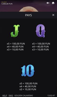 Low Value Symbols Paytable