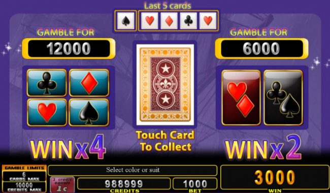 Gamble Feature - To gamble any win press Gamble then select Red or Black or Suit