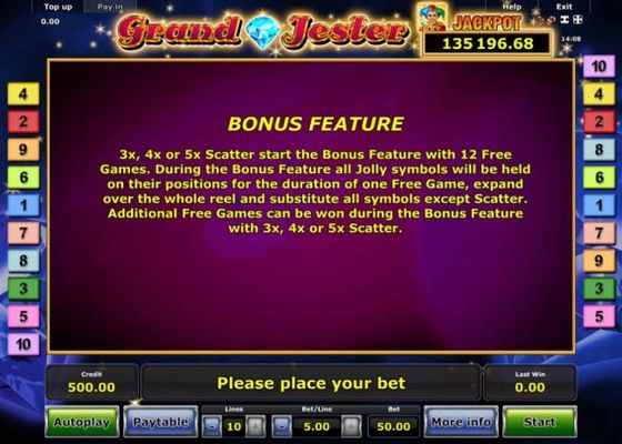 Bonus Feature Rules - 3 or more scatter start the bonus feature with 12 free games.
