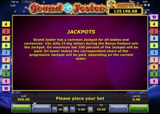 Jackpots - Grand Jester has a commomn jackpot for all stakes and currencies. 15x Jolly ( 5 Big Jollys) during the Bonus Feature win the Jackpot.