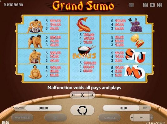 Slot game symbols paytable.