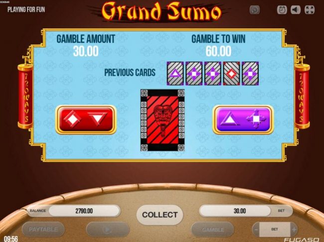 Gamble Feature - To gamble any win press Gamble then select Red or Purple.