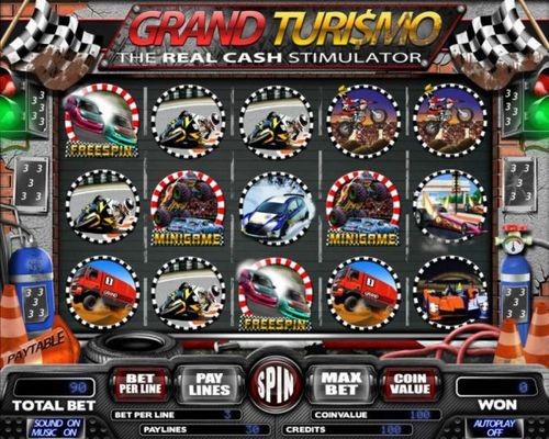 Main game board featuring five reels and 5 paylines with a $11,000 max payout. Game is based upon a motor sports theme.