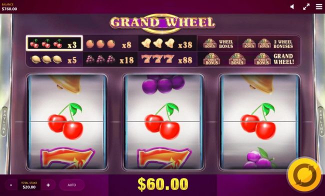 Cherries across the reels triggers a 60.00 payout.