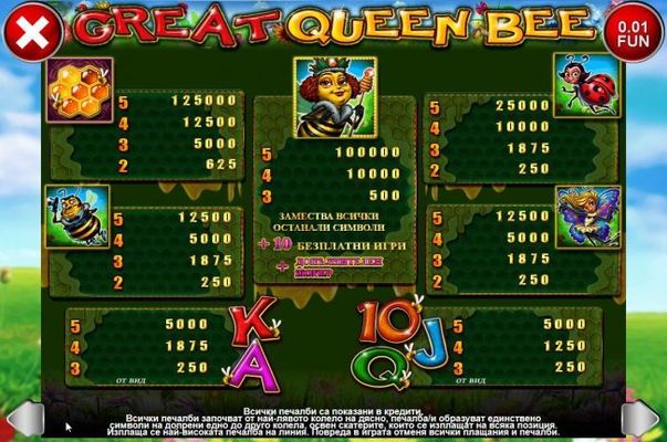 Slot game symbols paytable featuring honey bee themed icons.