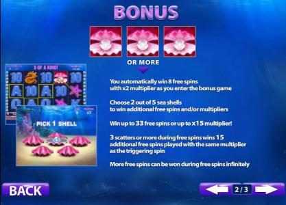 three or more pearl symbols win 8 free games with an x2 multiplier