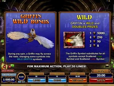 griffin wild bonus and wild rules and paytable