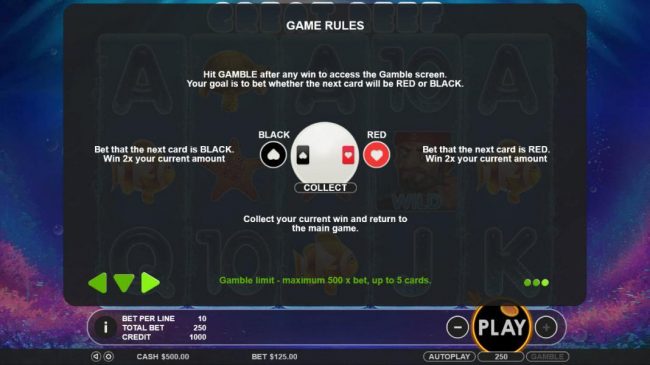 Hit Gamble after any win to access the Gamble screen. Your goal is to bet whether the next card will be RED or BLACK. Gamble limit - maximum 500 x bet, up to 5 cards.