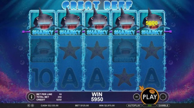 A five of a kind Sharky symbols leads to a 5000 coin line payout.