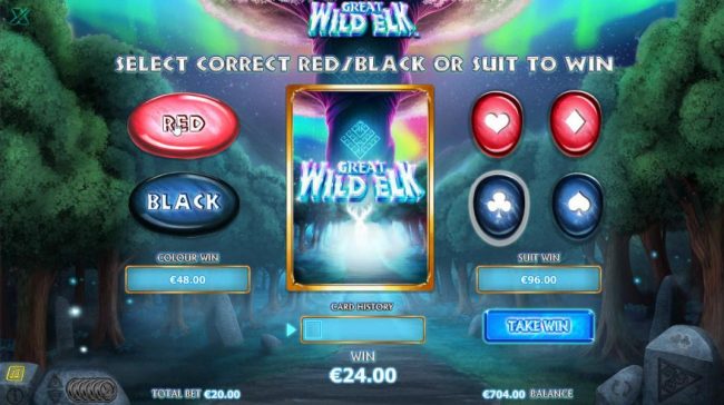 Gamble feature game board is available after every winning spin. For a chance to increase your winnings, select the correct color or suit of the next card or take win.