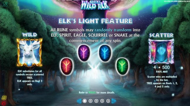 Elks Light Feature - All rune symbols may randomly transform into ELF, SPRIRT, EAGLE, SQUIRREL or SNAKE at the commencement of any spin.