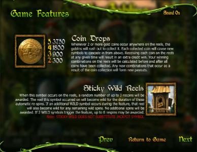 game features - coin drops and sticky wild reels rules