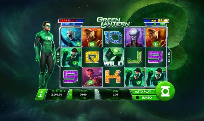 A crime fighting superhero themed main game board featuring five reels and 243 winning combinations with a progressive jackpot max payout