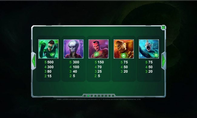 High value slot game symbols paytable featuring Green Lantern inspired icons.