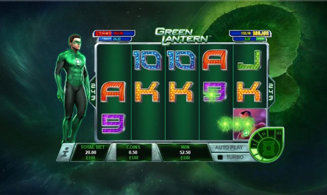 Collapsing Reels - Any winning combination trigger a collapse. All winning symbols are removed from the reels and new ones dropt in place. The removed symbols are added the the Green Lantern Bar Meter..