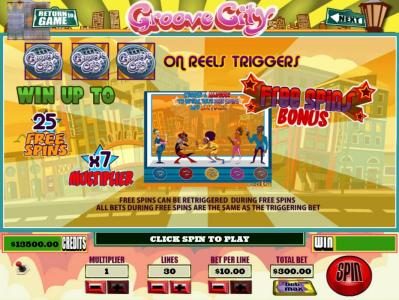 Three Grove City symbols on reels triggers Free Spins. Win Up To 25 free spins.