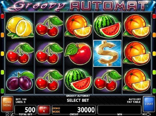 A fruit themed main game board featuring five reels and 5 paylines with a $500,000 max payout