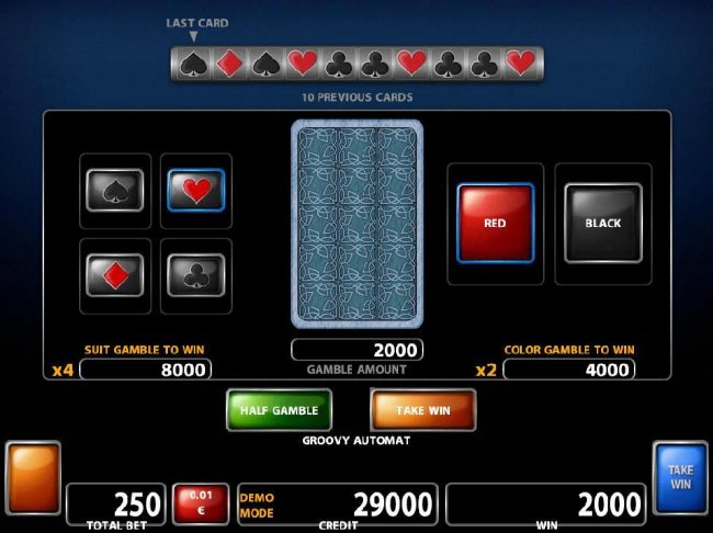 Double Up gamble feature is available after every winning spin. Select the correct color or suit for a chance to double your winnings.