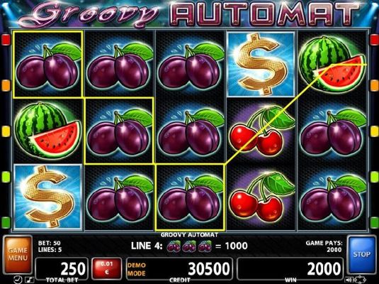 Plums symbols form multiple winning paylines awarding a 2000 coin payout.