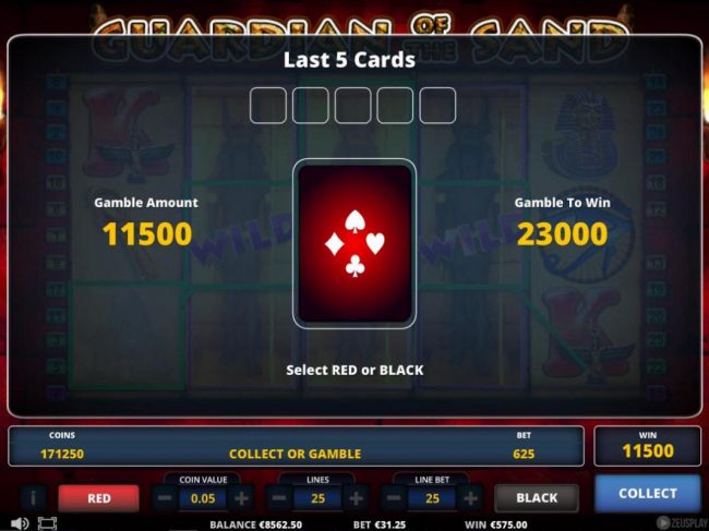 Gamble Feature - To gamble any win press Gamble then select Red or Black.