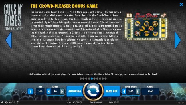 The Crowd-Pleaser Bonus Game is a Pick and Click game with 3 levels. players have a number of picks, which award coin wins.