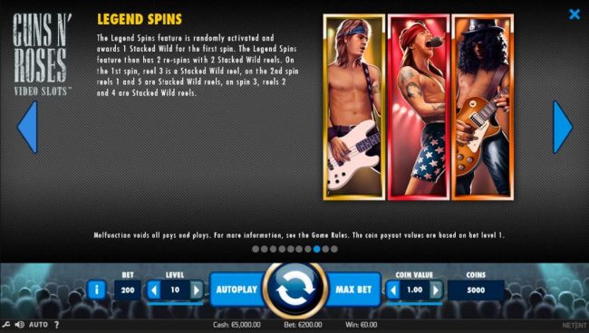 The Legend Spins feature is randomly activated and awards 1 stacked wild for the first spin. The Legend Spins feature then has 2 re-spins with 2 stacked wild reels.