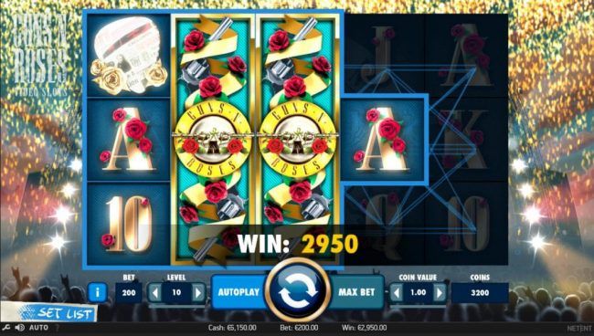 Multiple winning paylines triggered by a pair of stacked wilds on reels 2 and 3 leads to a 2950 coin jackpot.