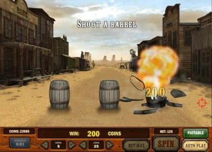 bounty hunt bonus feature game board - shoot a barrel to earn prize awards