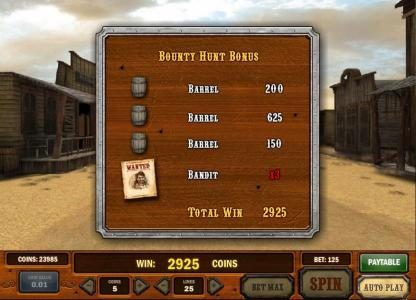 bounty hunt bonus game pays out a total 2925 coins for a big win