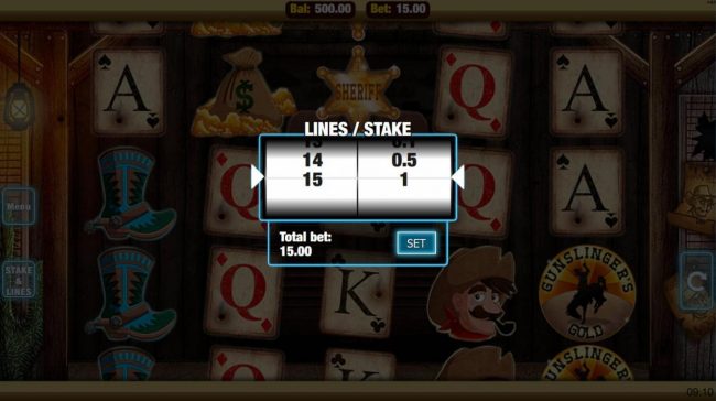 Click the stakes and Lines button to change the coin value or lines played