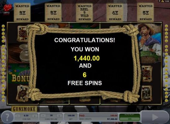 The first part of the bonus feature pays out a total of 1,440.00 and 6 free spins.