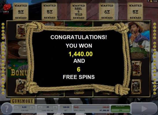 The first part of the bonus feature pays out a total of 1,440.00 and 6 free spins.
