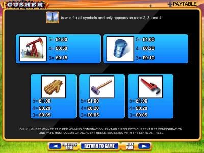 Slot Game Symbols Paytable continued - Only highest winner paid per winning combination. Paytable reflects current bet configuration. Line pays must occur on adjacent reels, beginning with the leftmost reel.