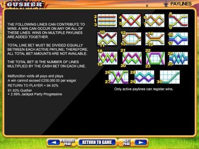 Payline diagrams 1 to 30 and general game rules.