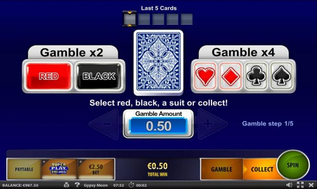 Gamble Feature - To gamble any win press Gamble then select Red or Black.