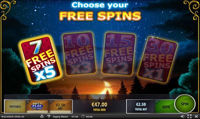 For the bonus round we are selecting the 7 free spins with an x5 multiplier.