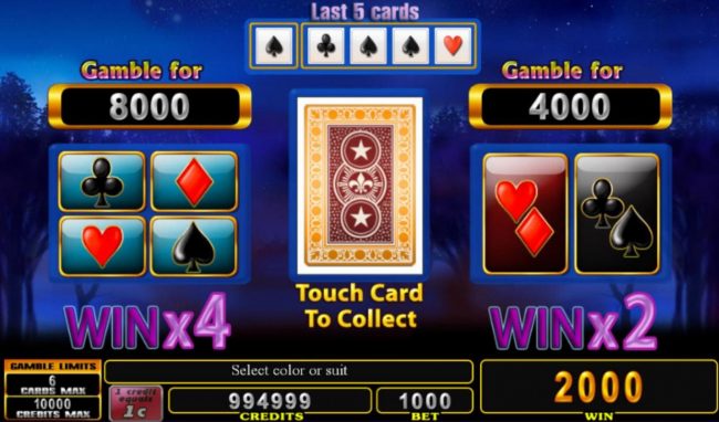 Gamble Feature - To gamble any win press Gamble then select Red or Black or Suit