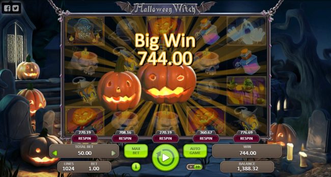 A 744.00 big win achieved with a reel respin
