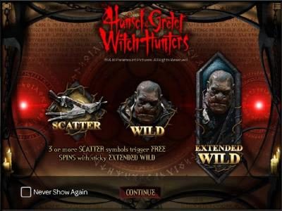 Features include Scatter, Wild and Extended Wild. 3 or more scatter symbols trigger free spins with sticky extanded wild.