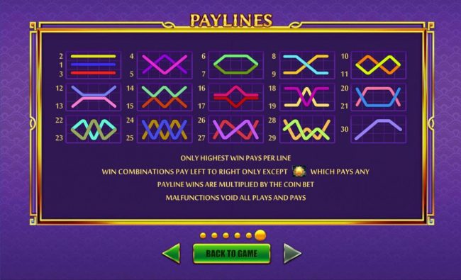 Payline Diagrams 1-30. Only highest win pays per line. Win combinations pay left to right only except scatter which pays any.