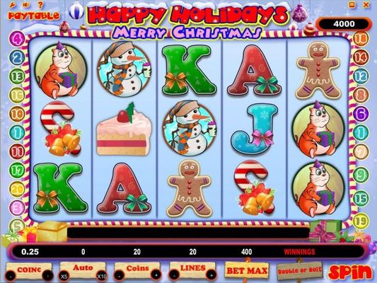 A Christmas holiday themed main game board featuring five reels and 20 paylines with a $500,000 max payout