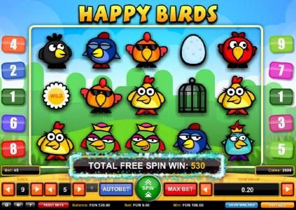 Free Spins Feature pays out a total of 530 coins for a big win!