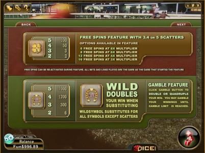 scatter, wild and gamble feature rules and paytables