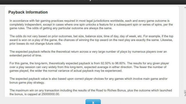 Payback Information - Theoretical return To Player is from 92.50% to 96.60%.