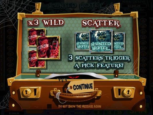 Game features include x3 wild and scatter symbol. 3 Haunted Hotel scatter symbols trigger a pick feature.