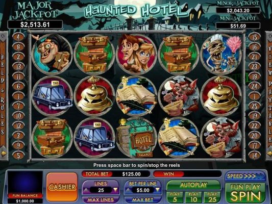 A spooky themed main game board featuring five reels and 25 paylines with a progressive jackpot max payout