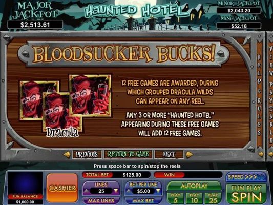 Blood sucker Bucks - 12 free games are awardedm during which grouped dracula wilds can appear on any reel.