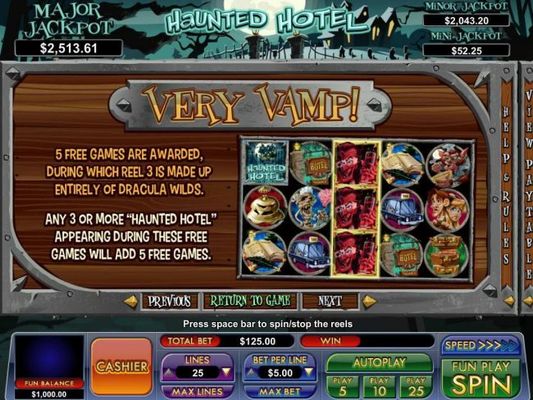 Very Vamp - 5 Free games are awarded, during which reel 3 is made up entirely of Dracula Wilds.