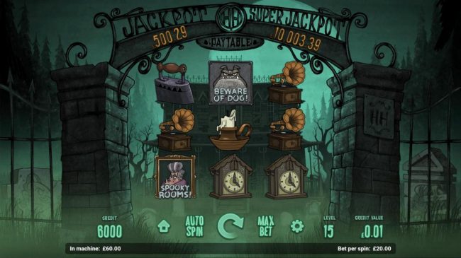 A ghost treasure themed main game board featuring three reels and 8 paylines with a progressive jackpot max payout